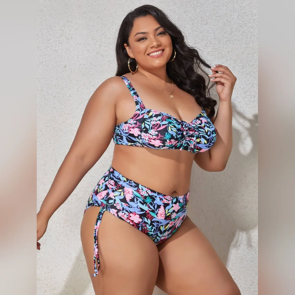 Drawstring Accent High-rise Waist Sweetheart Bikini Matching Swimwear Set Floral